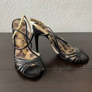 Sam Edelman Harlette Leather Black and Gold Strappy Stiletto Heels